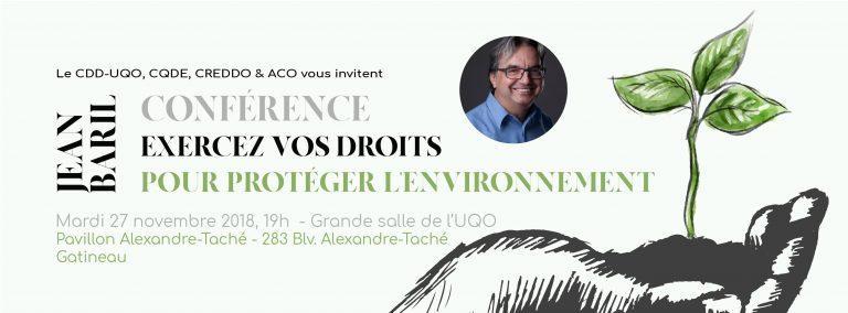 Affiche conférence de Jean Baril, Exercez vos droits pour protéger l'environnement, 2018