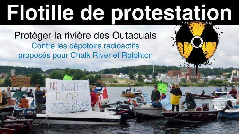 Affiche, flottille de protestation contre les dépotoirs radioactifs sur la rivière des Outaouais